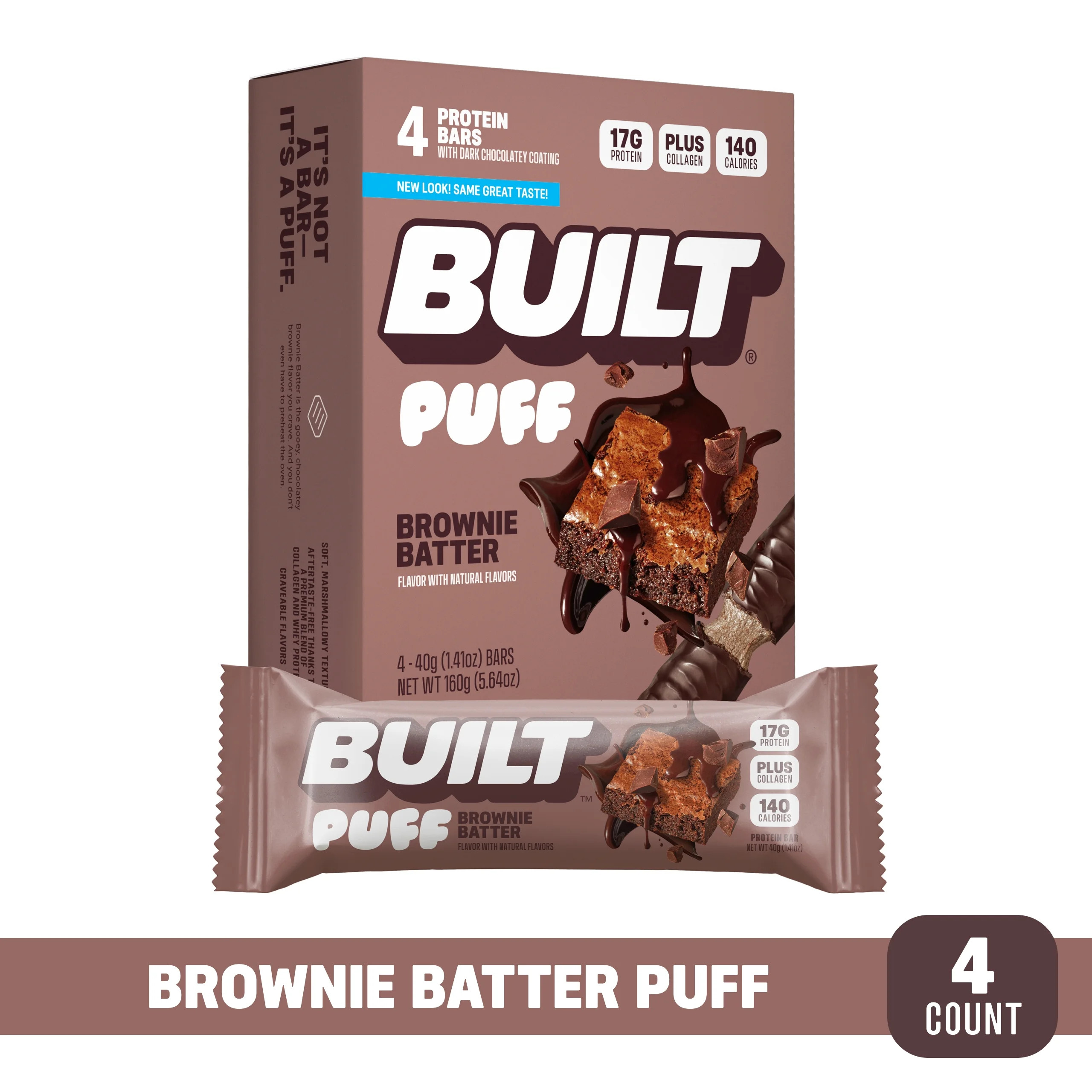 Built Bar Puff Protein Bar, Collagen, Gluten Free Brownie Batter, 1.41oz, 4 Count Box | Walmart (US)