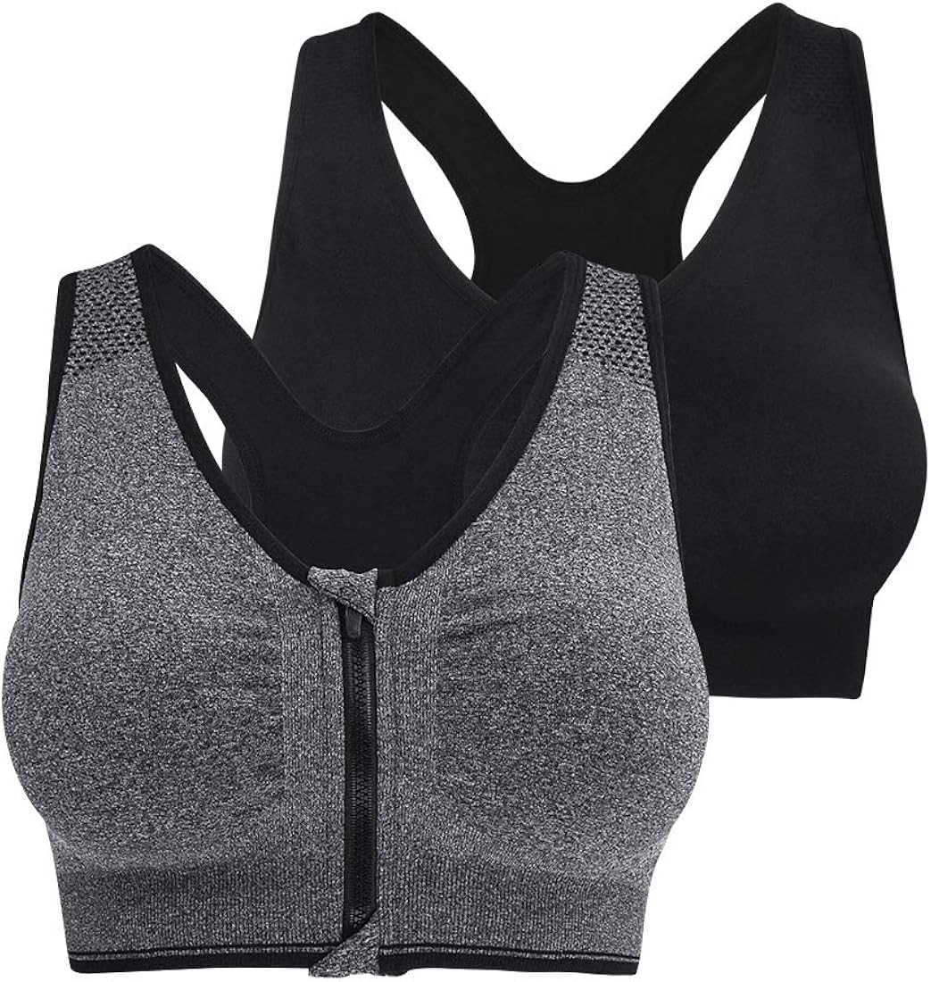 Fapreit Women's Zip Front Closure Sports Bra - Seamless Wirefree Post Surgery Zipper Padded Racer... | Amazon (US)