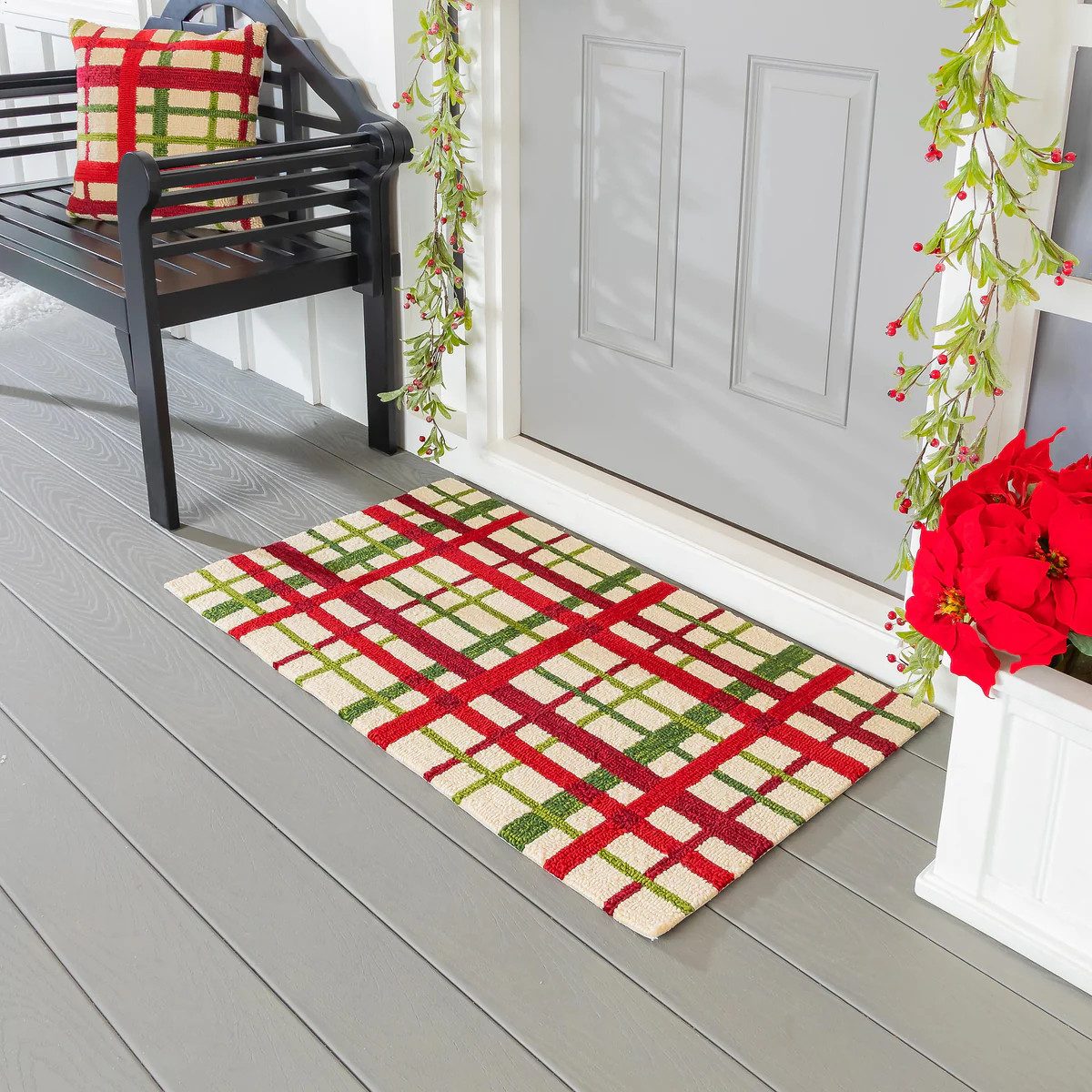 Indoor/Outdoor Hooked Rug Christmas Plaid Polypropylene, 24"x42" | Plow & Hearth