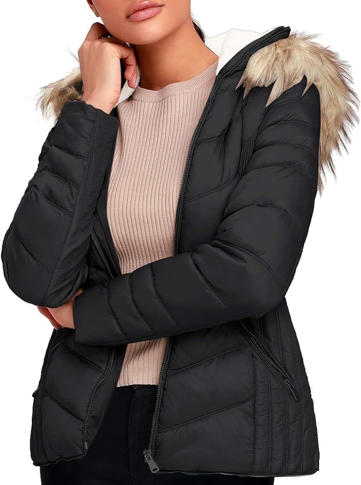 LookbookStore Women's Faux Fur Hooded Zip Quilted Puffer Jacket Lapel Parka Coat | Amazon (US)