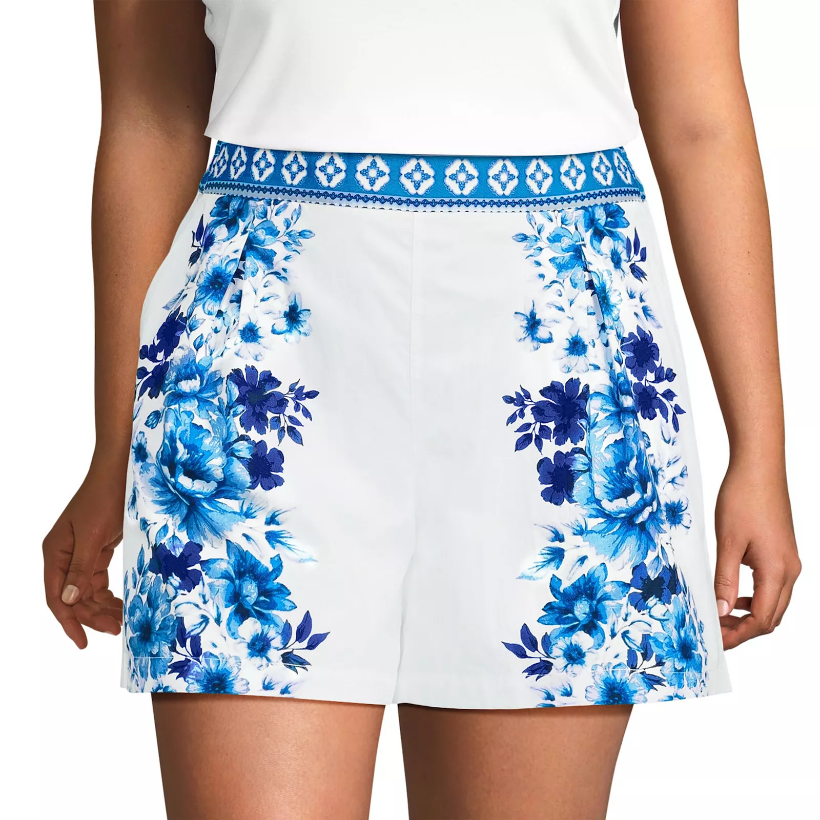 Plus Size Lands' End Poplin Pleated 5-Inch Shorts, Women's, Size: 3XL, Blue White Floral | Kohl's