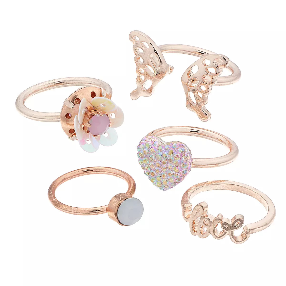Girls 4-16 Elli by Capelli Butterfly, Heart & "Love" Ring Set | Kohl's