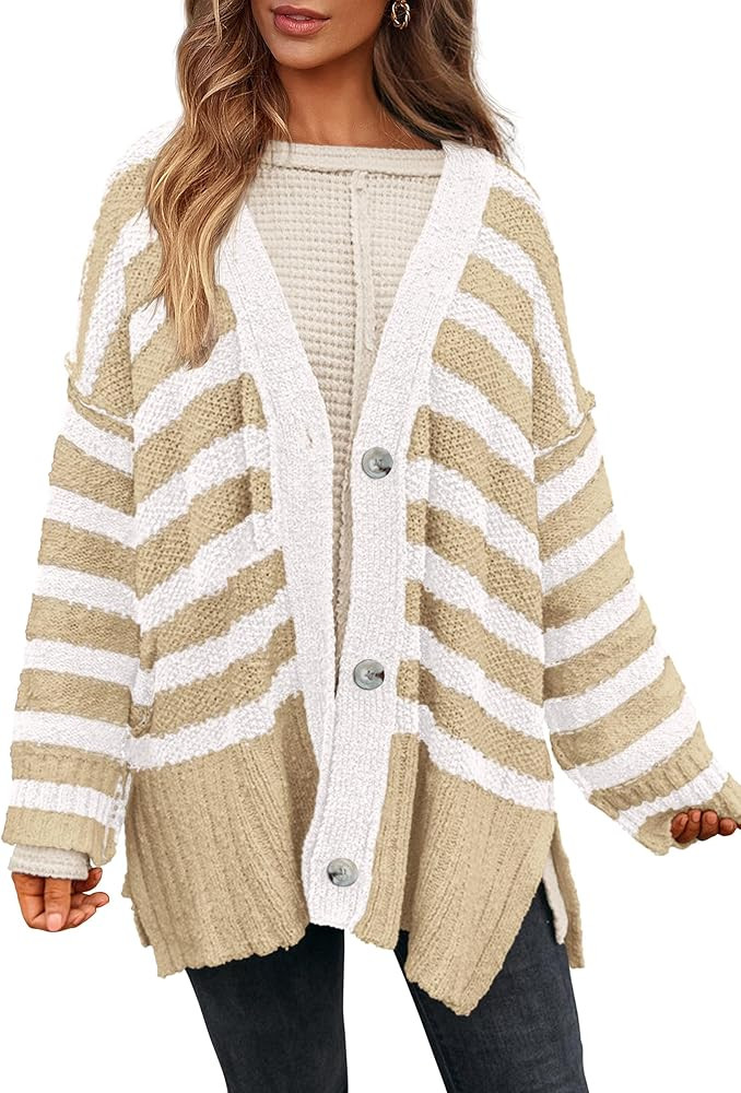 PRETTYGARDEN Women's Striped Cardigan Sweaters Long Sleeve Button Down Chunky Knit Oversized Fall... | Amazon (US)