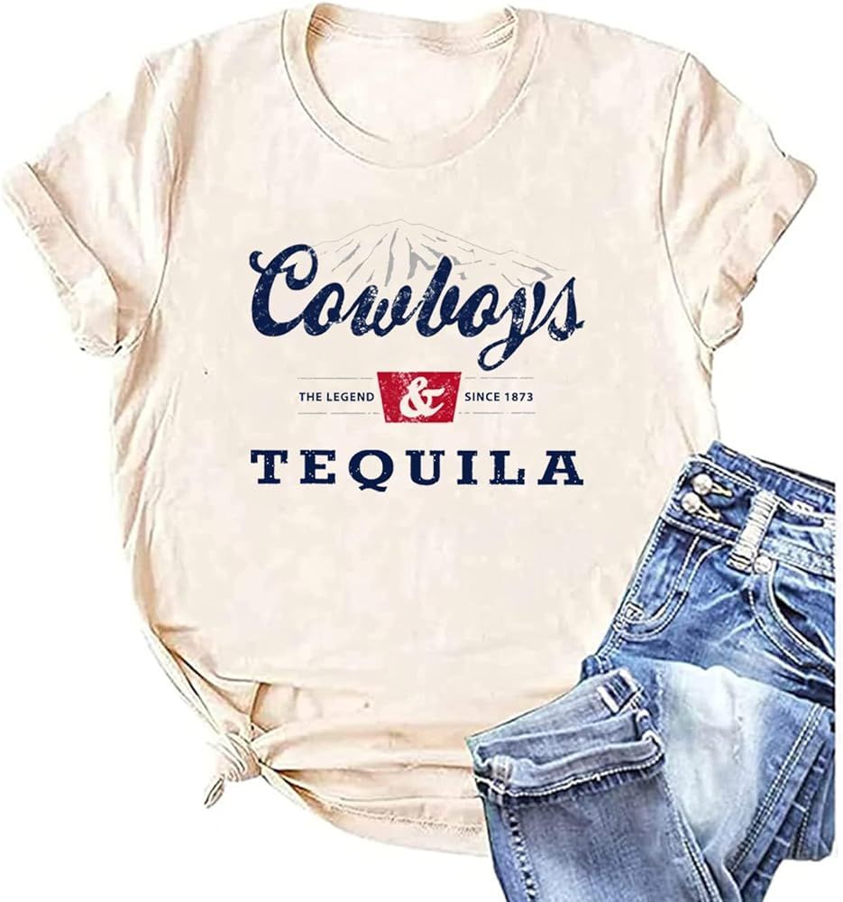 Cowboys and Beer Shirt Women Vintage Western Rodeo T-Shirt Funny Country Music Party Tee Cowboy G... | Amazon (US)