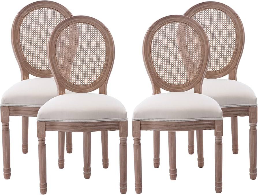 Nrizc French Country Dining Chairs Set of 4, Farmhouse Fabric Chairs with Round Back, Rattan Dini... | Amazon (US)