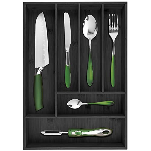Pristine Bamboo silverware tray organizer– Flatware Utensil Cutlery Silverware Holder for Drawer – Small Extra-Deep Wooden Kitchen Drawer Organizer Divider for Spoons Forks Knives (6-Slots, Black) | Amazon (US)