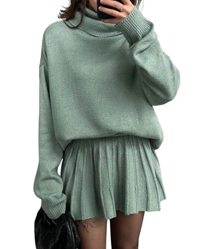 chouyatou Women's Turtleneck 2 Piece Outfits Long Sleeve Sweater and High Waist A-Line Pleated Mini Skirt Sets (Medium, Green) | Amazon (US)