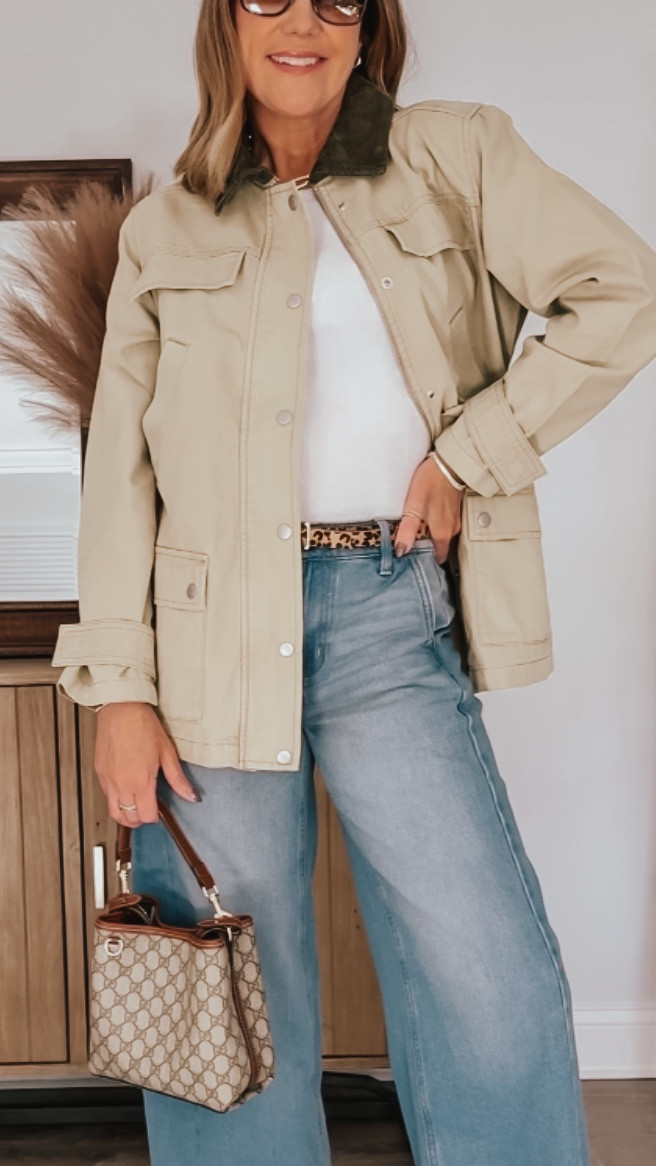Trending: Barn Jackets🤎 This one is under $40, great quality and is giving J. Crew. Type the word ME for 🔗s!

Affordable fall outfit, Walmart barn jacket, trendy fall jackets under $40, fall fashion for women over 40, trendy and flattering affordable jeans, burgundy sneakers