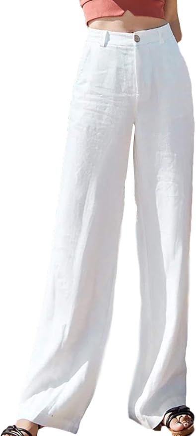 Hooever Womens Casual Loose High Waist Cotton Linen Straight Leg Pants Lounge Pants | Amazon (US)