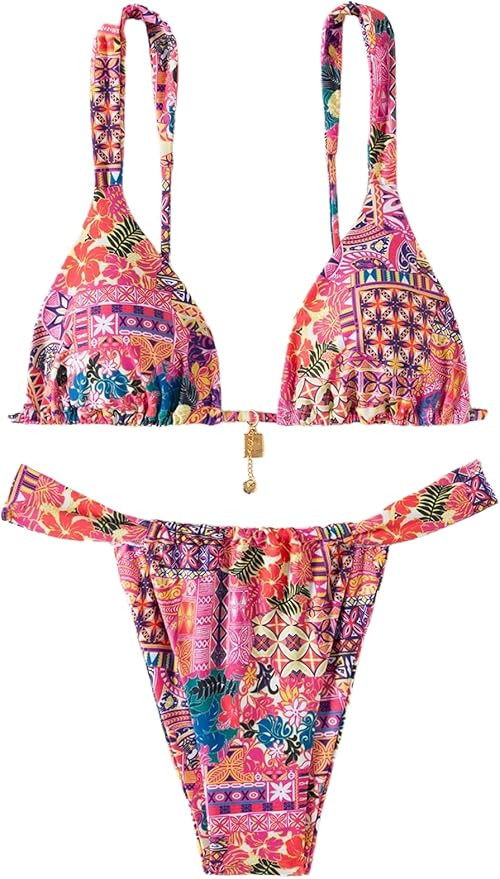 Women's 2 Piece Floral Tropical Print Bikini Set Boho Triangle Bathing Suit Tie Backless Swimsuit... | Amazon (US)