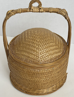 Antique Chinese Sewing Basket With Handle And Lid Bamboo Hand Made 10” Tall  | eBay | eBay US
