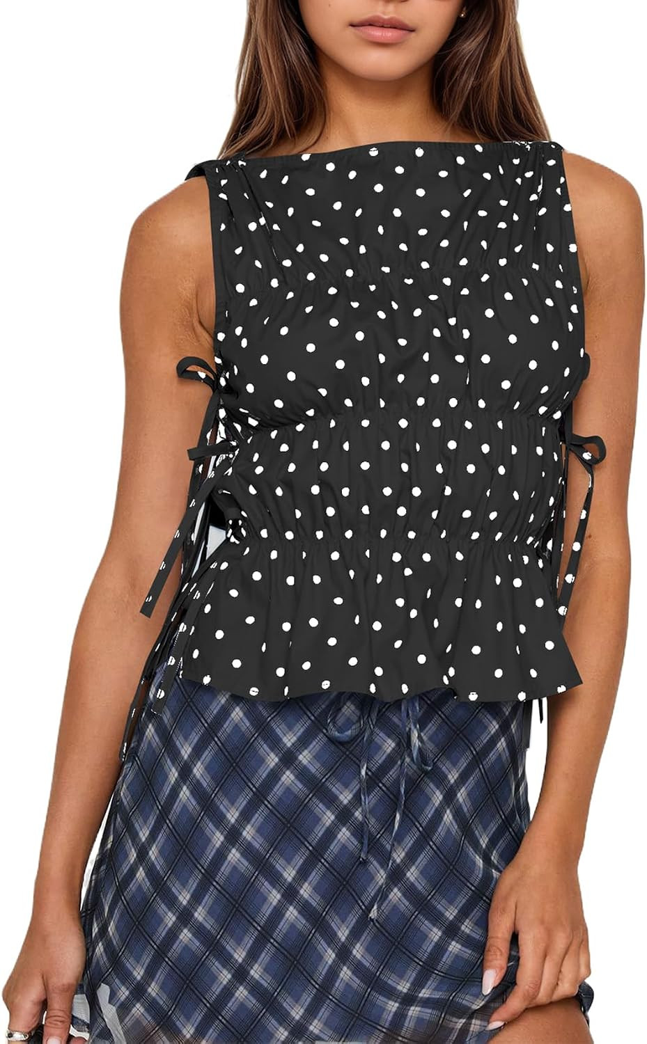 Women Polka Dot Sleeveless Peplum Tops Side Bow Tie Ruched Smocked Tank Tops Boat Neck Summer Going Out Shirts | Amazon (US)