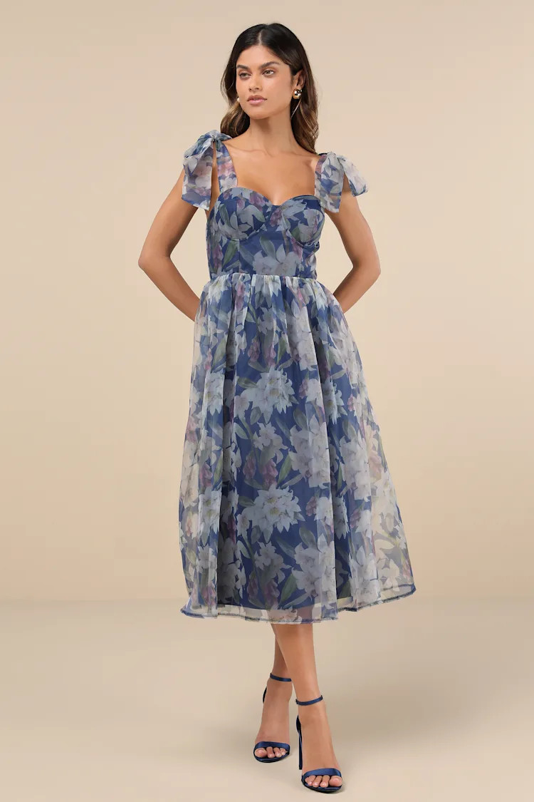 Exceptionally Marvelous Blue Floral Organza Bustier Midi Dress | Lulus