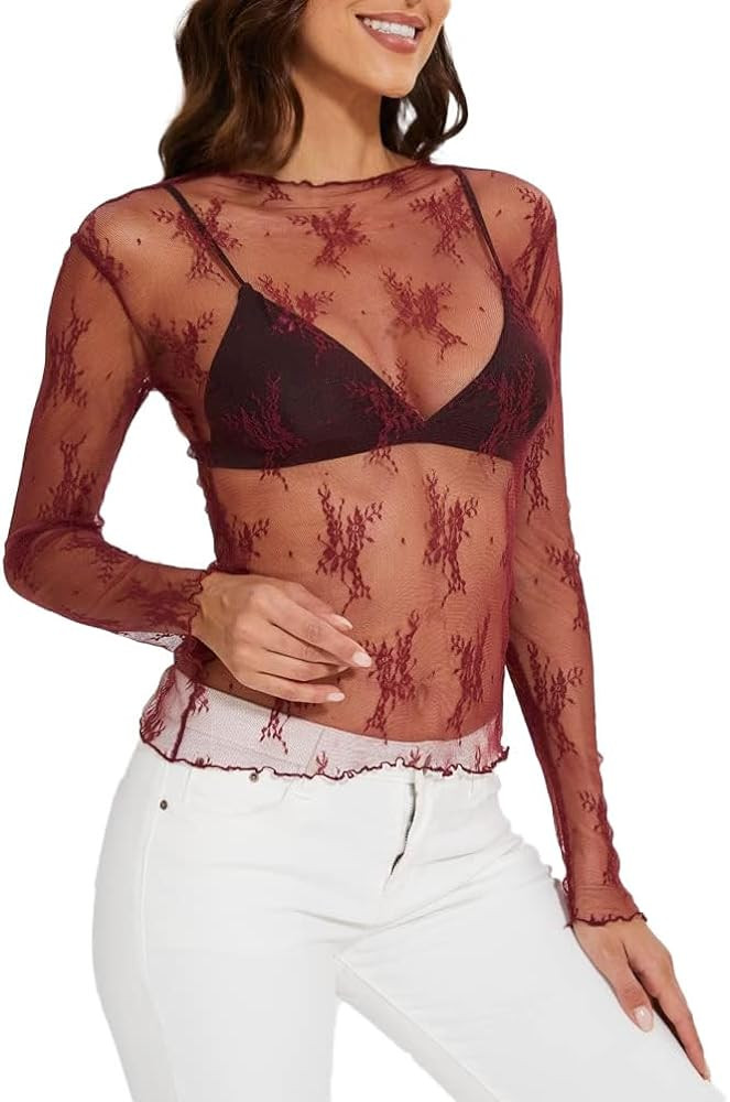 WIHOLL Womens Mesh Sheer Tops Sexy Crew Neck Summer Loose FIt Party Clubwear Shirts | Amazon (US)