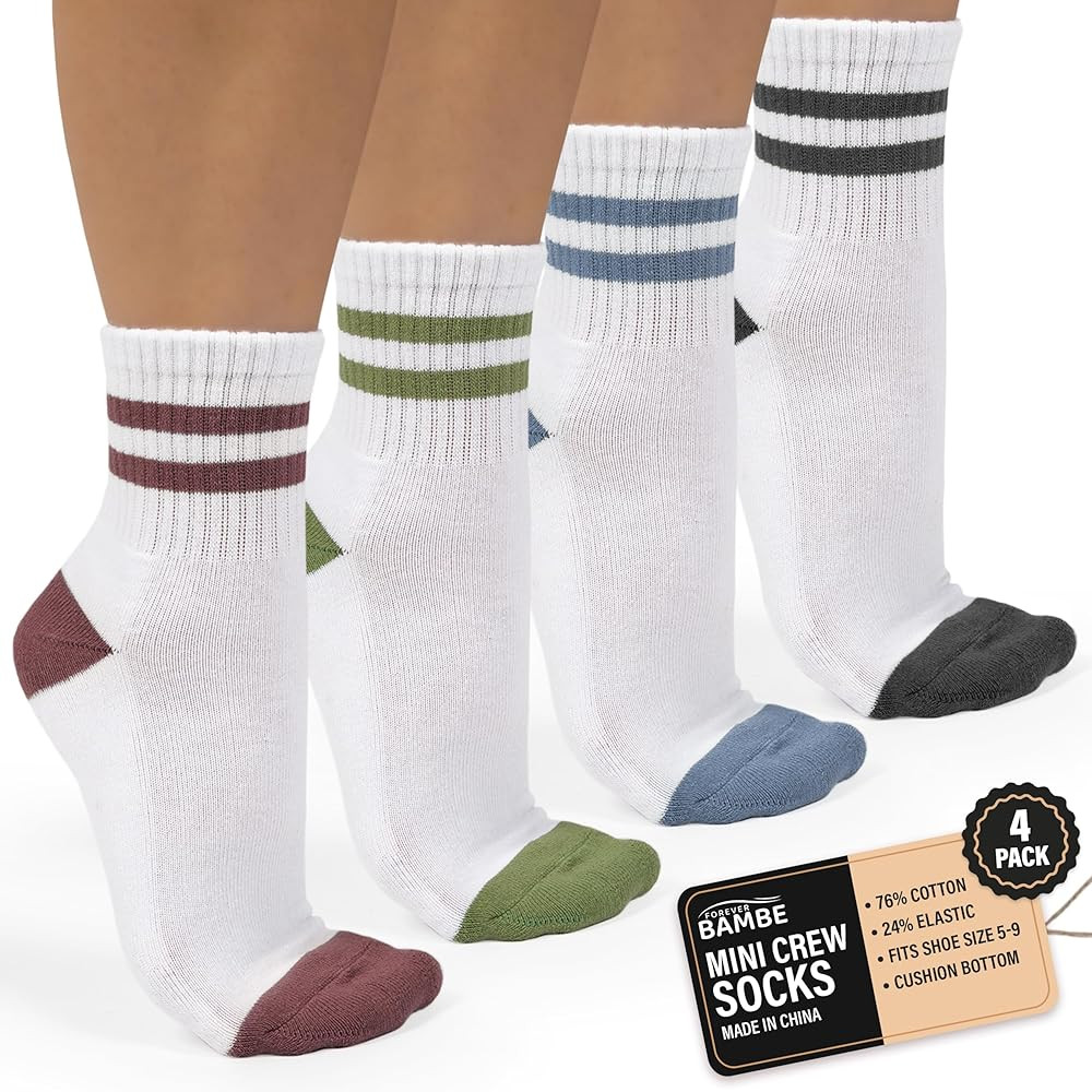 Forever Bambe Mini Crew Socks for Women 4-Pack Cushioned Bottom Retro Striped Socks vintage sock | Amazon (US)