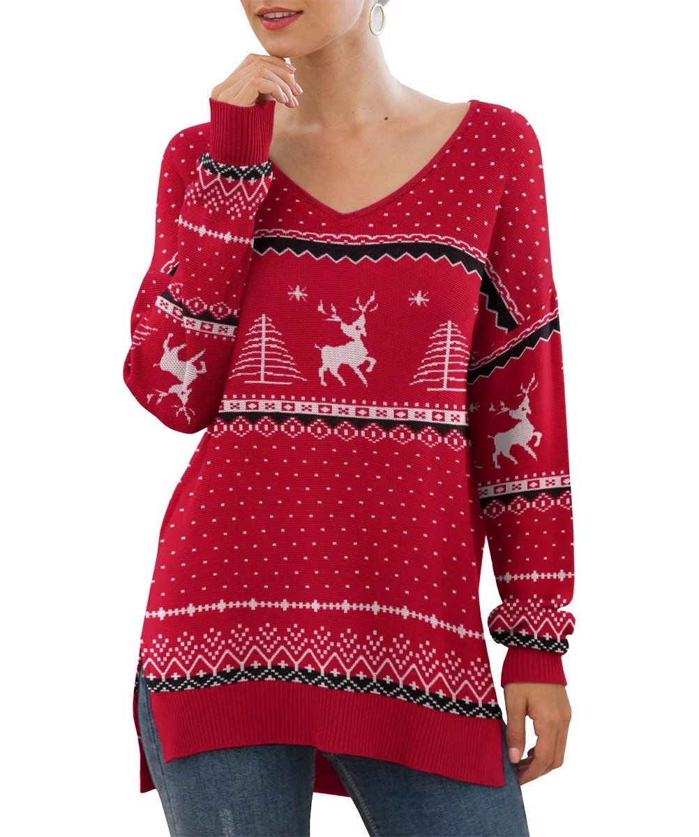 JWD Women's V-Neck Long Sleeve Side Split Loose Casual Knit Pullover Sweater Blouse FP Elk Red-Me... | Walmart (US)