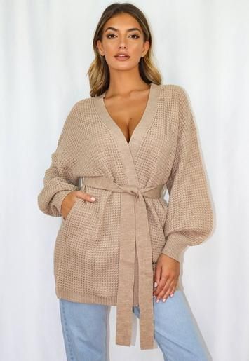 Stone Belted Balloon Sleeve Oversized Knitted Cardigan | Missguided (UK & IE)