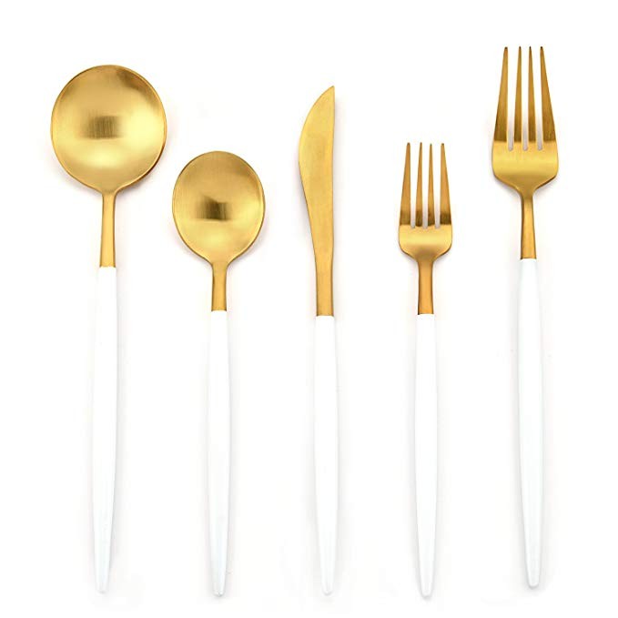 Deacory Flatware 18/10 Stainless Steel 5 Piece Set Service for 1 White and Matte Gold Wedding Eve... | Amazon (US)