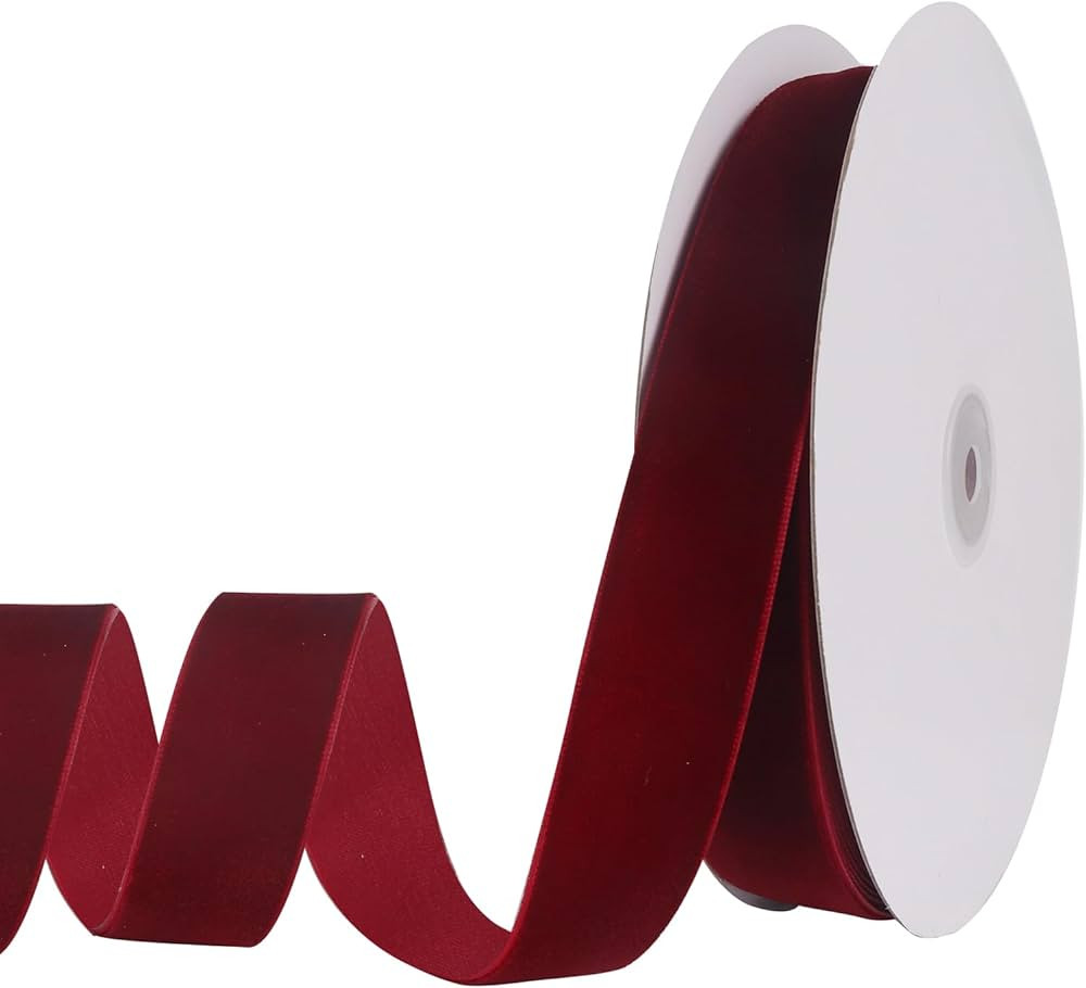 1" X 20 Yards Burgundy Velvet Ribbon for Christmas Tree Wreath Vintage Decoration Handmade Crafts... | Amazon (US)