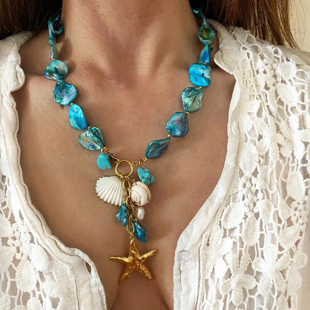 Oversized Shells and Clam Necklace, Boho Bridal Jewelry, Summer Beach Wedding Jewelry, Shells Nec... | Etsy (US)