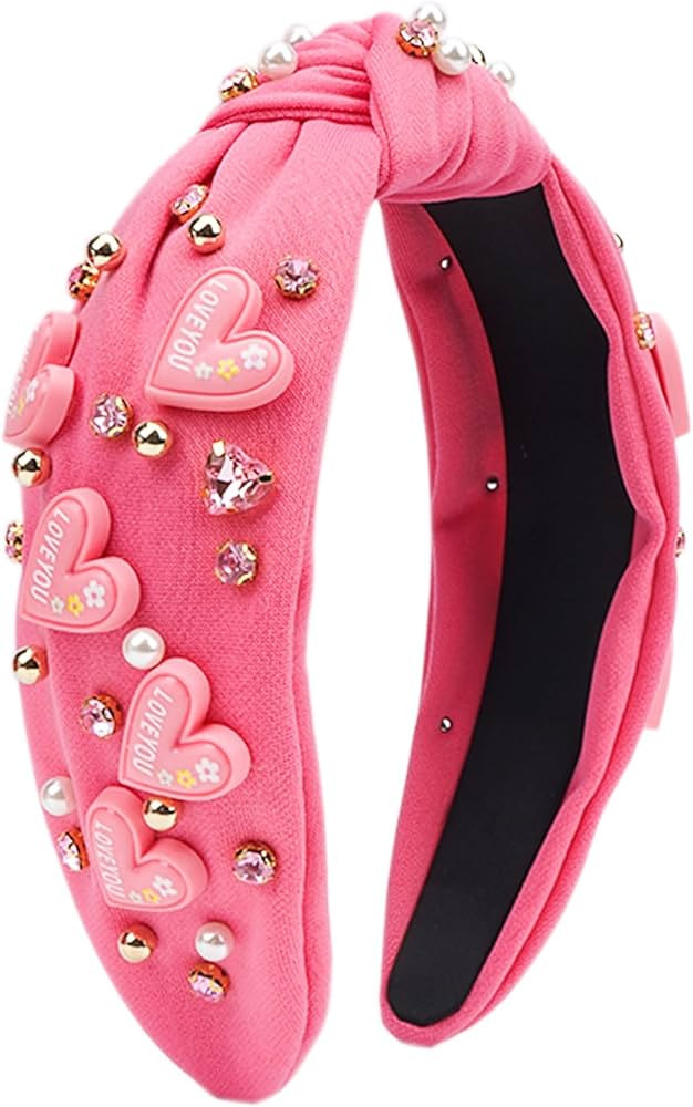 TULOBI Valentine's Day Headband for Women Pink Heart Knotted Headband with LOVE YOU Design Pearl ... | Amazon (US)