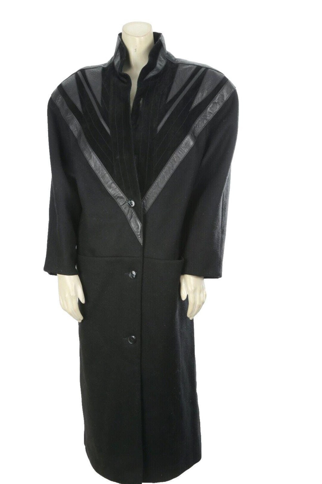 Vintage Wool Black Leather Trim Long Coat Size 8 - Etsy | Etsy (US)