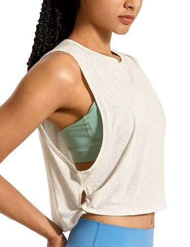 CRZ YOGA Women's Sleeveless Cotton Blend Athletic Tank Top for Yoga Running Gym Workout - Deep Armhole-Ice Grey/White Large | Amazon (US)