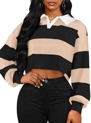 LovelyWholesale Women Striped Cropped Sweatshirts Polo Collar Long Sleeve Crop Tops Black Khaki X-Large | Amazon (US)