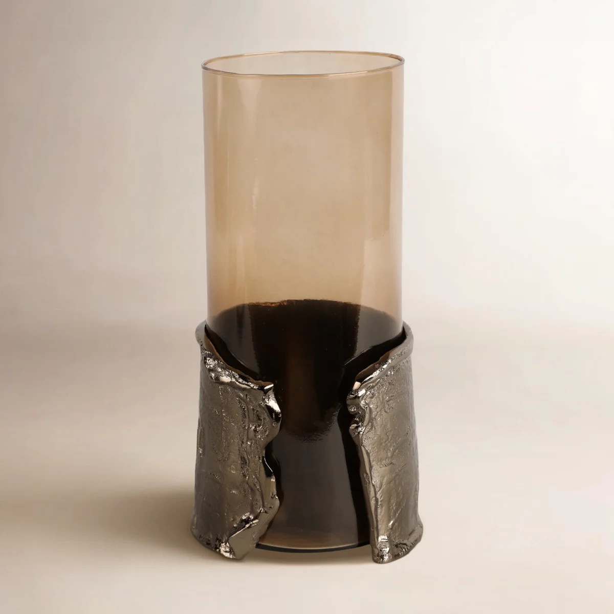 Modern Tinted Glass Candle Holder with Metal Wraparound Accent - Decorative Pillar Candlestick Ho... | Wayfair North America