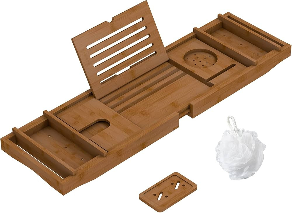 Bamboo Bathtub Tray Bath Tub Caddy with Expandable Handles Wine Glass Phone Holder Book Stand for... | Amazon (US)