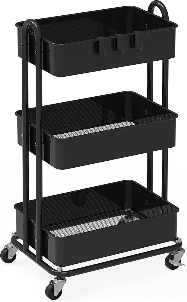 Simple Houseware 3-Tier Heavy Duty Metal Utility Rolling Cart, Black | Amazon (US)