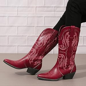 Cowboy Boots for Women Cowgirl Mid Calf Western Boots Embroidered Stitched Pointed Toe Chunky Blo... | Amazon (US)