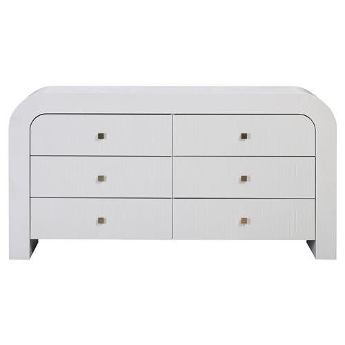Henry Modern Classic White Acacia Wood Gold Accent 6 Drawer Curved Double Dresser | Kathy Kuo Home