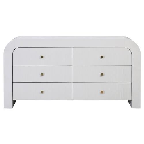 Henry Modern Classic White Acacia Wood Gold Accent 6 Drawer Curved Double Dresser | Kathy Kuo Home