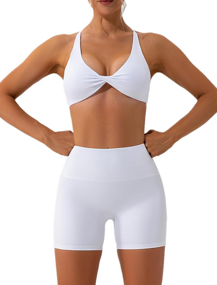 IDOPIP Women's Gym 2 Piece Sets Buttery Soft Cross Back Sport Bra Crosswrap High Waist Shorts wit... | Amazon (UK)