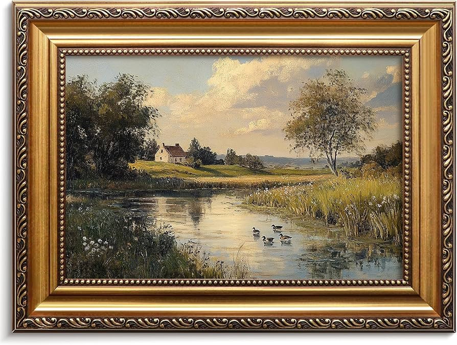 SQGGZH Vintage Gold Framed Wall Art Vintage River Landscape Oil Painting with Ducks Cottagecore L... | Amazon (US)