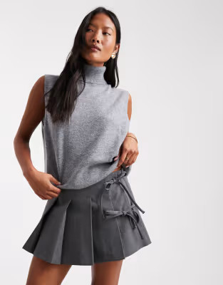 ONLY Petite tie detail pleated mini skort in dark grey | ASOS (Global)