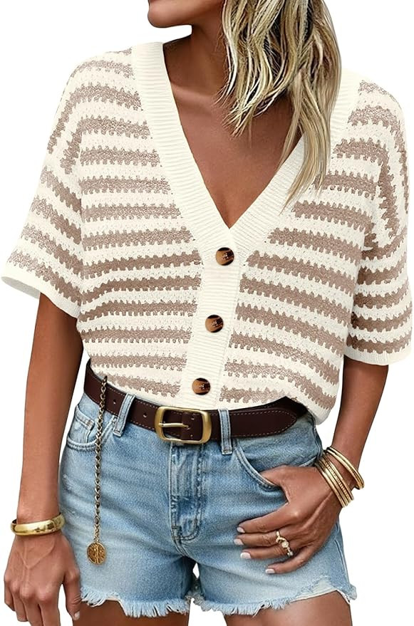 Saodimallsu Womens Short Sleeve Striped Cardigan Sweaters Crochet Knit Button Down Shirts V Neck ... | Amazon (US)
