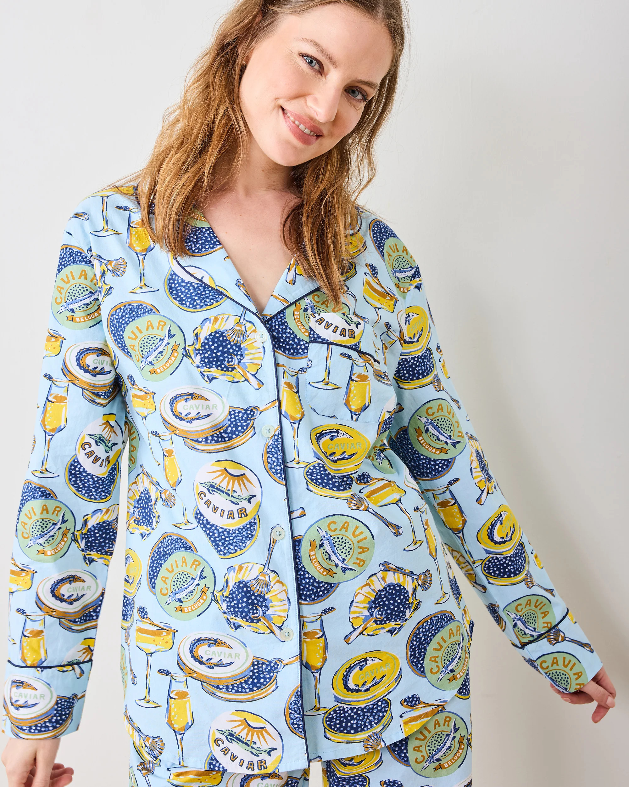 Organic Cotton Long Pajama Set in Blue Champagne & Caviar - Women's Petite M/P Sleepwear | Printfresh