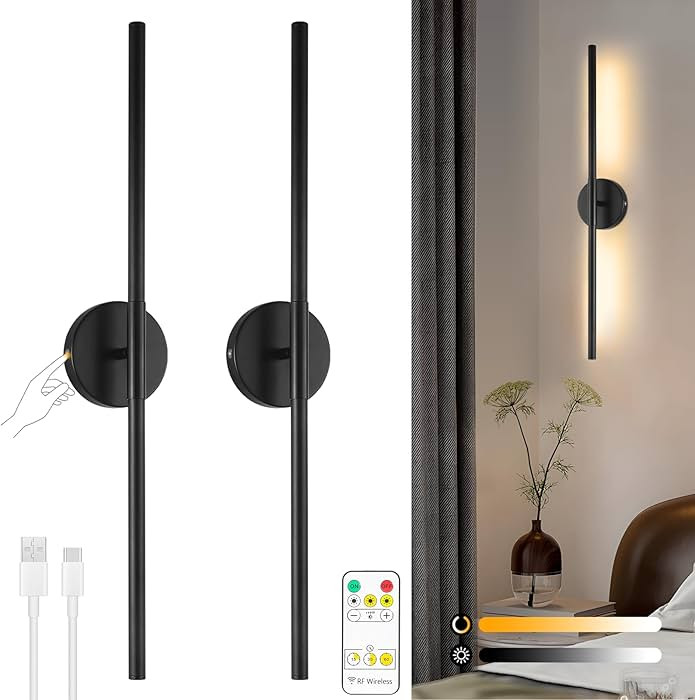 Wireless Battery Operated Wall Sconces with Remote, Black Rechargeable Led Wall Lights Set of Two... | Amazon (US)