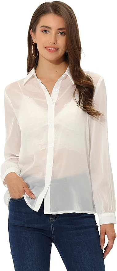 Allegra K Sheer Button Up Blouse for Women's See Through Mesh Long Sleeve Shirt Tops | Amazon (US)