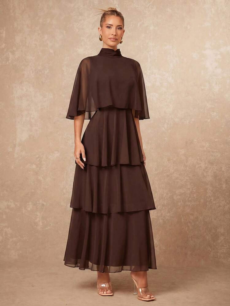 Lumalex Elegant Multi-Layer Sleeveless Long Cake Skirt, Autumn/Winter New Arrival Dining Dark Brown,Wedding Guest,Graduation Dress | SHEIN