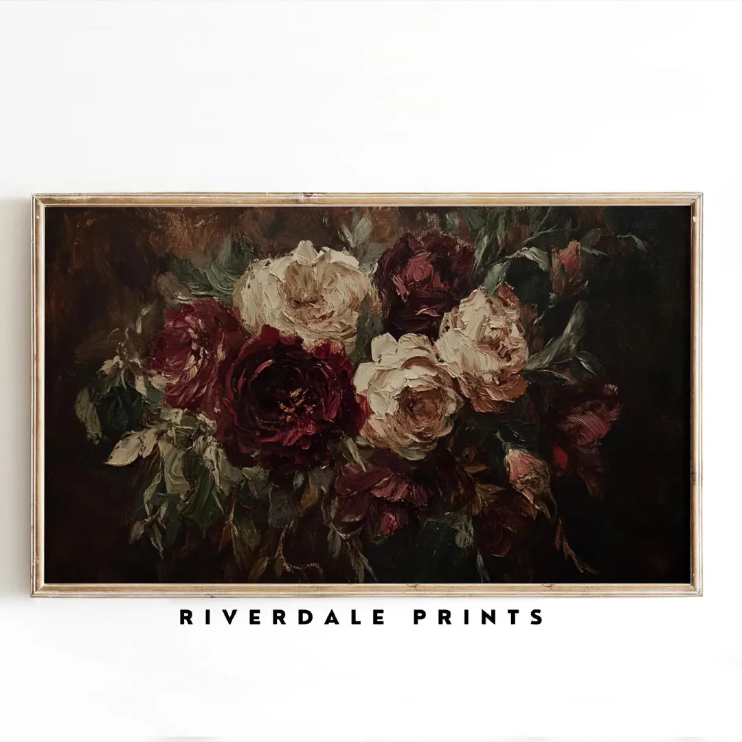 White Burgundy Rose Flower Frame TV Art,vintage Floral Oil Painting,botanical Valentine's Day Fra... | Etsy (US)