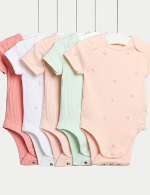 5pk Cotton Rich Cherry Print Bodysuits (6½lbs-3 Yrs) | Marks and Spencer US