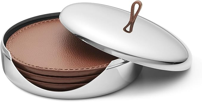 Georg Jensen SKY Collection Coaster Set, Set of 4 Leather Coasters in Stainless Steel Case | Amazon (US)