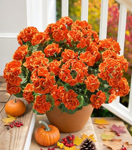 Fake Geraniums Artificial Flowers for Outdoors Fall Autumn Decoration, 6 Bundles Silk Geraniums UV Resistant Look Real Orange Faux Flowers Plants for Front Door Garden Planter Patio Balcony Yard Home | Amazon (US)