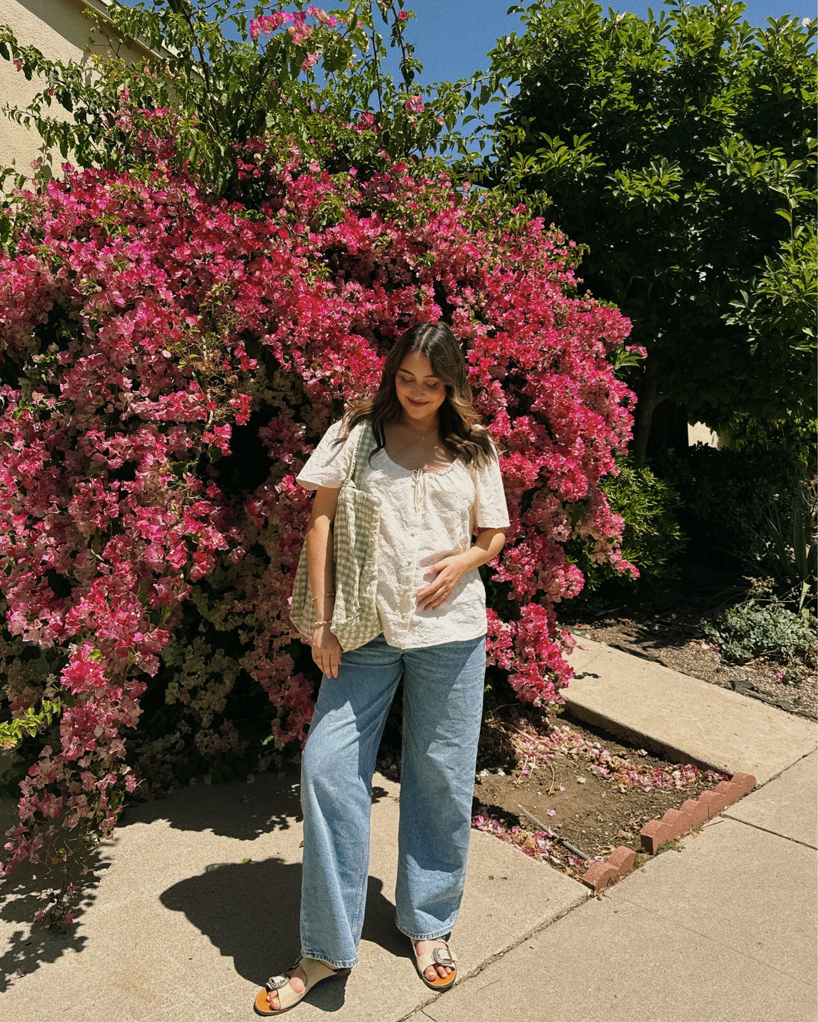 cutie embroidered blouse and gingham tote! sized up a bunch in the top so that it will fit the bump for a while 🤍 

#LTKSummerEdit #LTKBump #LTKItBag