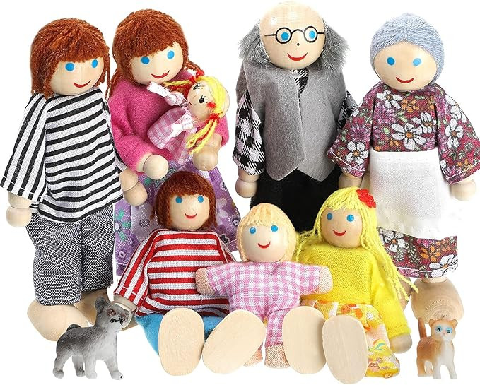 10 Pcs Wooden Dollhouse Family Set of 8 Mini People Figures and 2 Pets, Dollhouse Dolls Wooden Do... | Amazon (US)