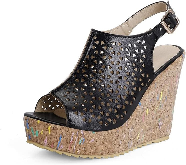 CosyFever Womens LC38 Peep Toes Hollow Out Solid Pu Low Wedge Sandals | Amazon (US)