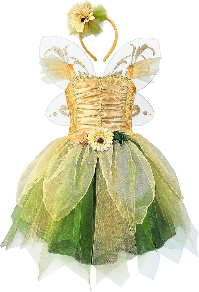 Fairy Costume Dress for Girls, Green Princess Flower Girl Dress, Tutu Dress with Headband and Wings | Amazon (US)